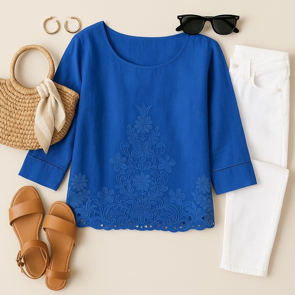 J.Crew Royal Blue Linen Embroidered Eyelet Blouse Top 10 M career lightweight - Picture 1 of 16